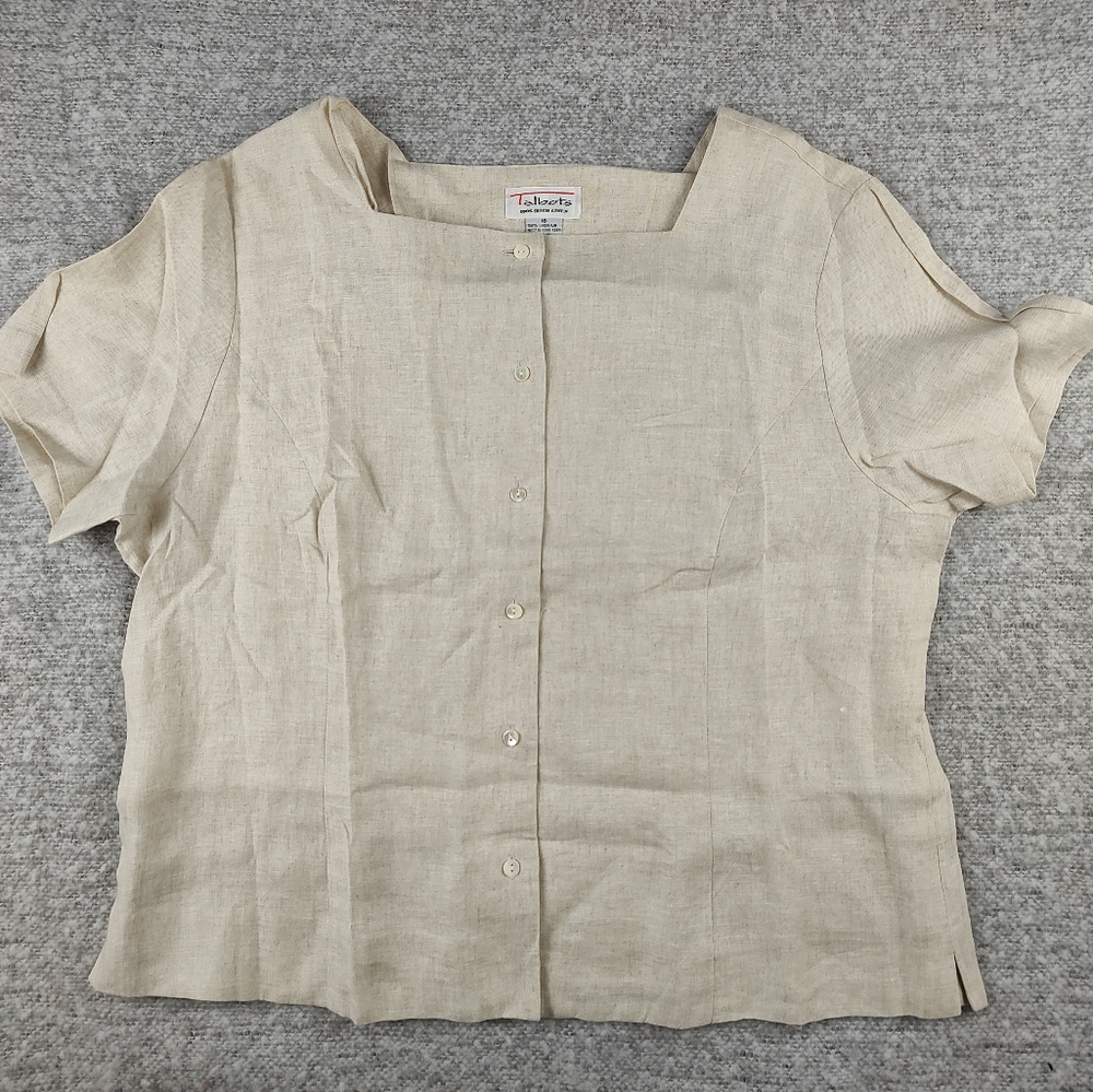 Talbots Button Down Short Sleeves Square Neck Women Top Size 16 Linen